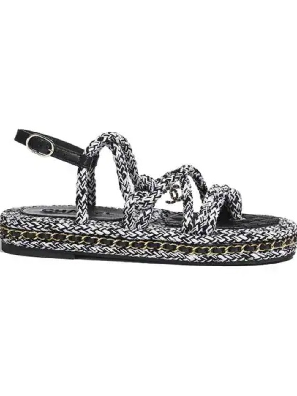 Chanel Black White Braided Rope CC Charm Chain Trim Flat Sandals size 41